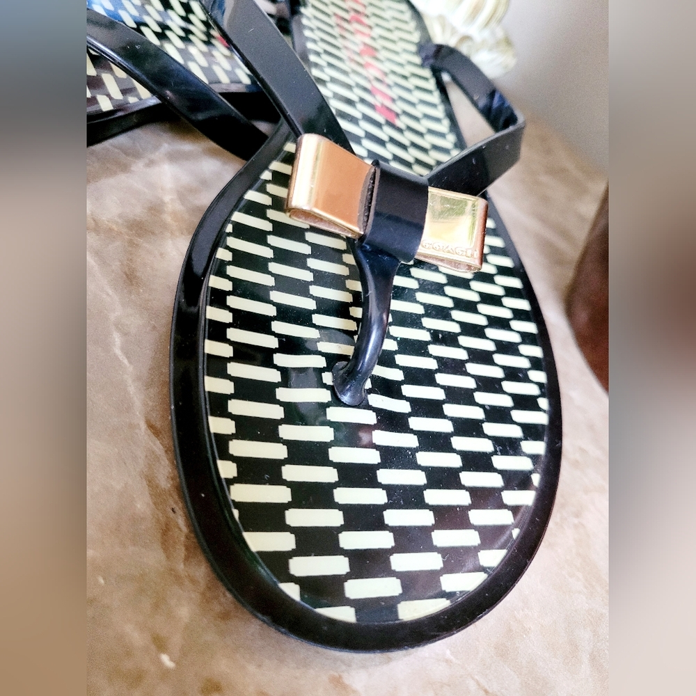Coach Landon Women Patterned Jelly Thong Flip Flops Black/Ivory Logo Bow US 8.5 - Picture 15 of 16